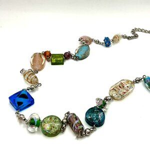Colorful Glass Bead Necklace With Silver-Tone Accents and Adjustable Chain